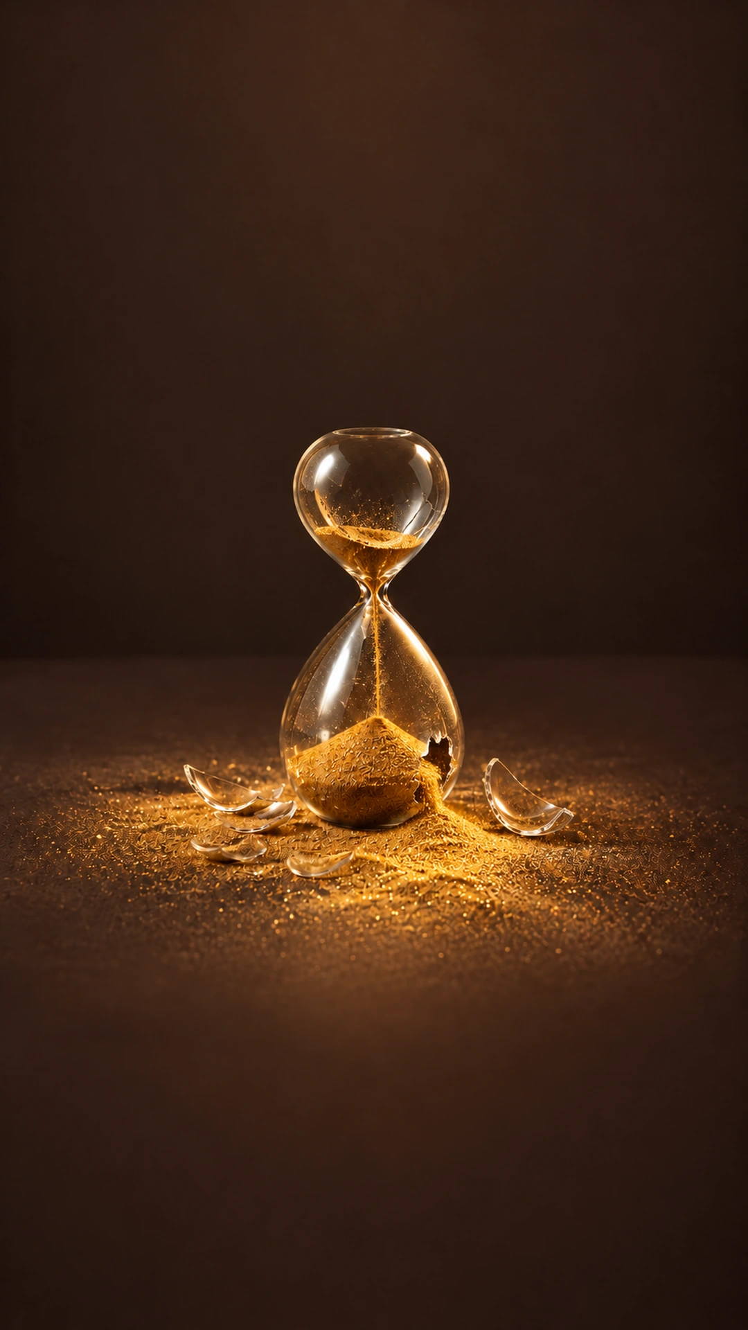 A glass hourglass broken at the bottom, with golden sand pouring through the lower bulb onto the tabletop