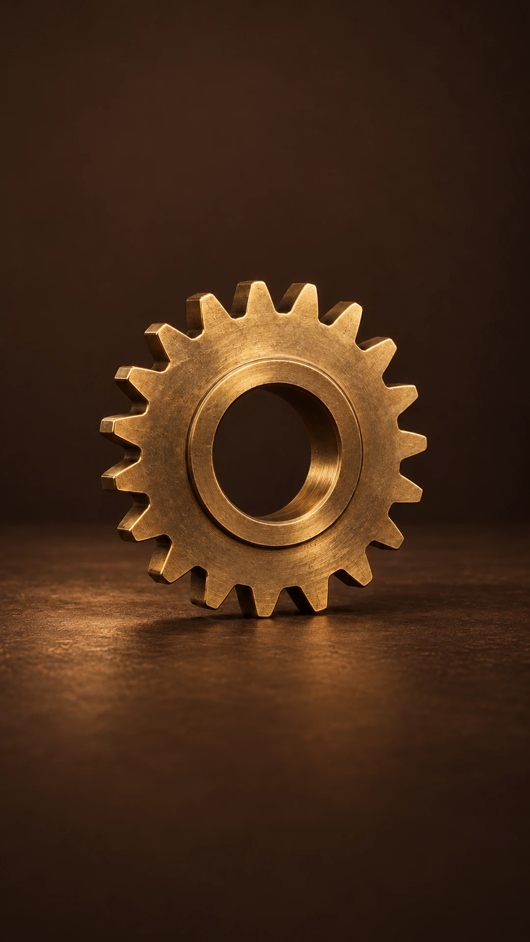 A warm bronze cog wheel standing on a dark brown surface